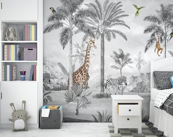 SAFARI Themen Kinderzimmer Wandbild - Schälen und Aufkleben Kinder Wandbild mit Tieren - Giraffe und Zebra Elefant Kinderzimmer Tapete