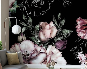 Dark Floral Wallpaper Peel and Stick | Dutch Floral Wall Mural | Removable Wallpaper , Big Flowers Black Background Wallpaper