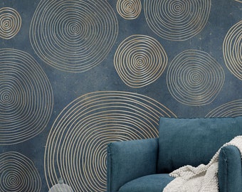 Damask Pattern Navy Blue Wallpaper , Peel and Stick Modern Wall Mural ,Living Room Damask  Wallpaper , Golden Effect Mural