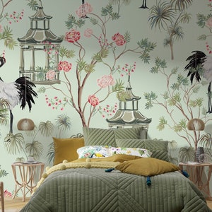 FLORAL WALLPAPER- Living Room Wall Decor- Adhesive Floral Wallpaper- Temporary Wallpaper- Birds Wall Mural , Chinoiserie Wallpaper Decor