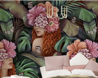 Flowery Woman and Butterflies Wallpaper- Living Room Decor- Peel and Stick- Floral Mural- Flower Head Woman Wallposter- Custom Size - Gift