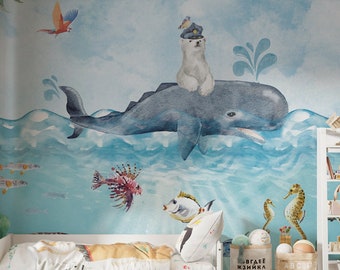 Sea Themed Kids Wallpaper , Peel and Stick Nursery Mural , Undersea Themed Wallpaper Whale Bear Birds Mural , Nursery Wall Decor