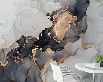 SCHWARZ UND WEISS Marmor mit goldenen Details- klebende Marmor Tapete- hübsches Wohnzimmer Dekor- klebende Tapete- Marmor Tapete- individuell