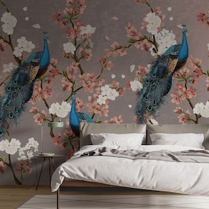 PEACOCK FLORAL WALLPAPER- Adhesive Peacock Wallpaper- Floral Wallpaper- Pretty Wall Decorations- Living Room Wall Customizable Wall Mural