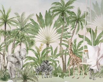 SAFARI Kinderzimmer Tapete, Kinderzimmer Tapete, Safari KINDERZIMMER Dekor, Tiere Tapete, Babyzimmer Abnehmbarer Dschungel Tapete