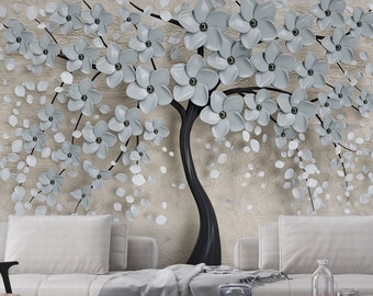 3D White flowers Wallpaper , Peel and Stick Tree Floral Mural , 3D Look Botanical Wallpaper , Bedroom Wall Mural Floral