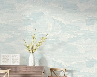 Boy Nursery Decor Self Adhesive Wallpaper - Pastel Blue Sky Peel and Stick Mural - Soft Cloud Removable Wall Decal