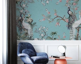 Peacocks on Tree Branches Wallpaper - Removable Vintage Flowers Mural - Peel and Stick Chinoiserie Flowers Wallpaper