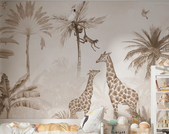 Featured listing image: Two Giraffe in The Jungle with Animals Wallpaper- Tropical Wallposter- Nursery Room Decor- Peel and Stick - Minimalist Mural- Gift For Kids