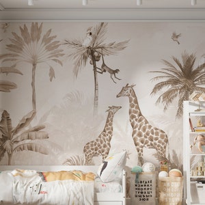 Two Giraffe in The Jungle with Animals Wallpaper- Tropical Wallposter- Nursery Room Decor- Peel and Stick - Minimalist Mural- Gift For Kids