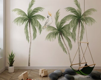 Palm Leaves and Parrot Tropical Wall Decal for Kids and Nursery Decor - Peel and Stick Botanical Wall Sticker for Childrens Room