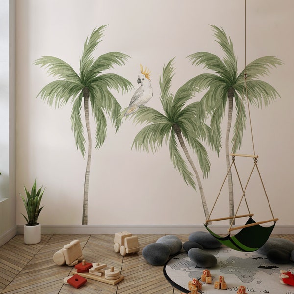 Sticker mural tropical feuilles de palmier et perroquet pour enfants et décoration de chambre d'enfant - Sticker mural botanique pour chambre d'enfant