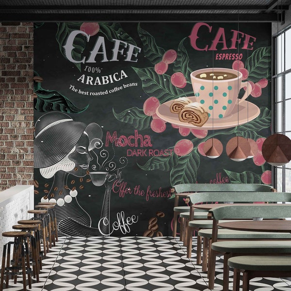 Coffee Shop Wallpaper - Restaurant Mural - Art Deco Cafe Wallpaper - Vintage Coffee Flowers Wall Mural