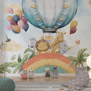 Flying Animals and Hot Air Balloons Kids Wallpaper , Peel and Stick Cute Animals Mural for Nursery , Watercolor Effect Kids Mural