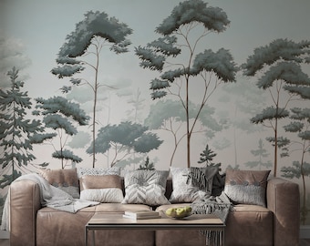 Long Tropical Trees Scenic Forest Wallpaper - Peel and Stick - Temporary Botanical Themed Wallpaper - Room Design Mural - Tropic Wallpaper