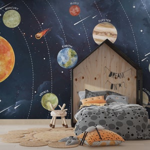 Planets Universe Themed Kids Room Wallpaper - Peel and Stick Space Themed Mural - Nursery Decor Planets Sky Wallpaper