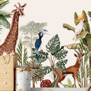 Exotic Birds Giraffee and Big Leaves Wallpaper , Kids Room Cute Tropical Wall Mural , Jungle Wallpaper for Nursery Room ,Kids Room Wallpaper