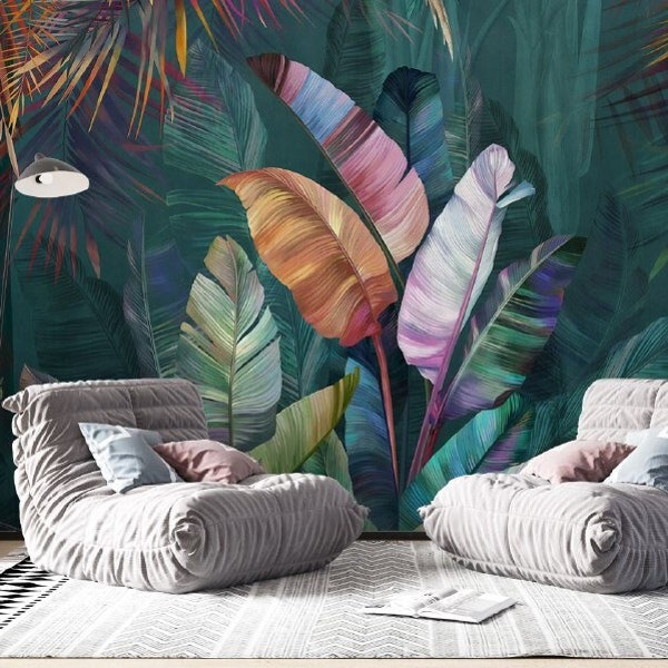 Big Colorful Tropical Leaves Wallpaper , Big Banana Leaf Wallpaper , Peel and Stick Leaf Mural ,Exotic Wallpaper , Bedroom Leaves Wallpaper