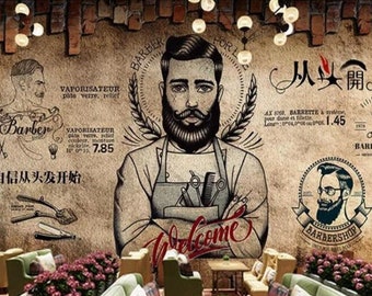 May include: A vintage-style barbershop mural with a brick background. The mural features a bearded man with a welcome sign and a variety of barbering tools. The text "从头開始" is written in Chinese characters.