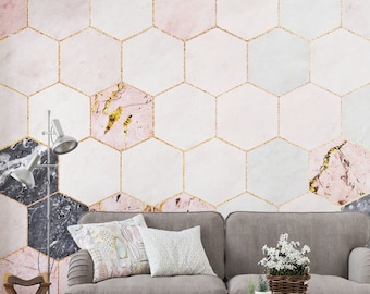 Watercolor Honeycomb Pink Marble Self Adhesive Wallpaper, Gold Detail Peel and Stick, Removable Tan Hexagon Wall Decal, Bee Pattern