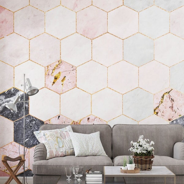 Watercolor Honeycomb Pink Marble Self Adhesive Wallpaper, Gold Detail Peel and Stick, Removable Tan Hexagon Wall Decal, Bee Pattern