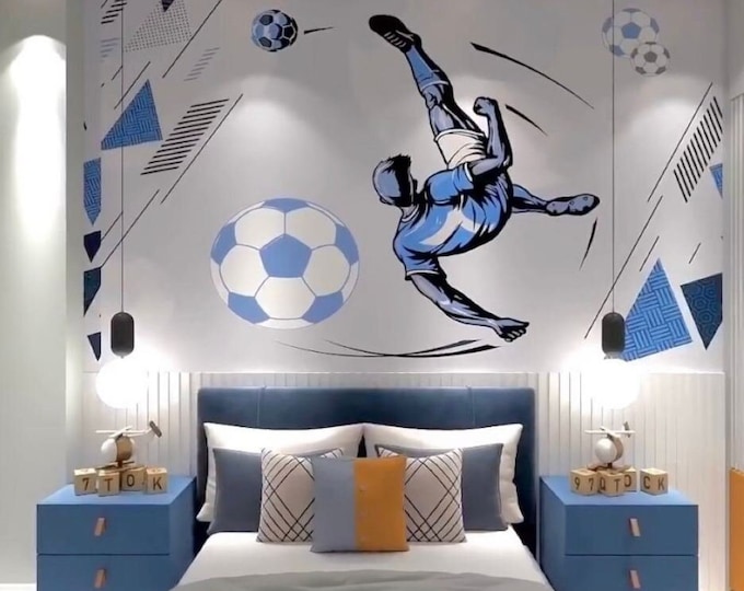 Featured listing image: Soccer Themed Kids Room Wallpaper, Football Mural for Children, Sports Themed Removable Wallpaper , Kids Gift Player image for Nursery