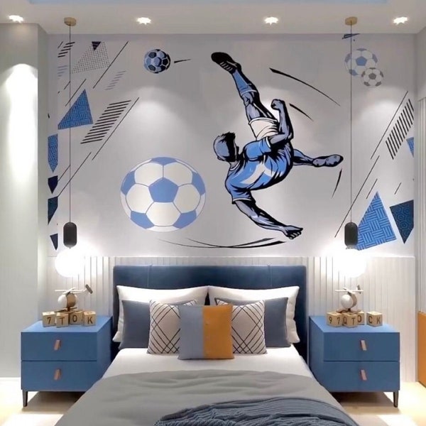 Fondo de pantalla de la habitación de los niños con temática de fútbol, mural fanático del fútbol para niños, fondo de pantalla extraíble con temática deportiva
