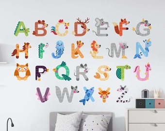 ALPHABET KIDS Stickers, LETTER Stickers, Baby Room Decor Alphabetic Colorful Animals Decals, Wall Decorations Nursery Stickers