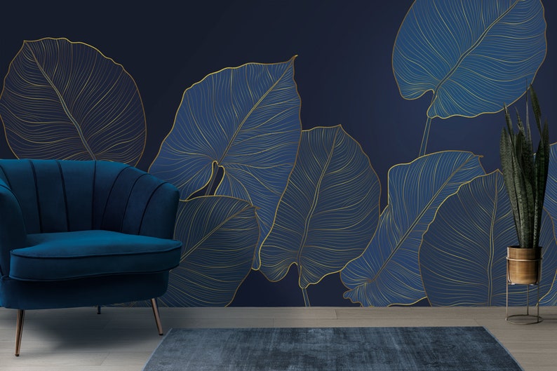 Floral Mural Wallpaper | Blue and Gold Leaf Pattern main image 0
