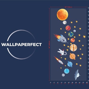 May include: A watercolor-style space-themed wall decal featuring planets, stars, a rocket, and an astronaut. The decal is 40 inches wide and 80 inches tall.