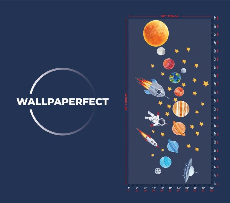 May include: A watercolor-style space-themed wall decal featuring planets, stars, a rocket, and an astronaut. The decal is 40 inches wide and 80 inches tall.