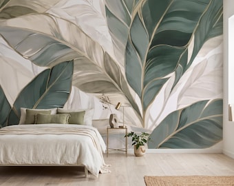 Big Botanical Leaves Wallpaper , Neutral Huge Leaf Wall Mural , Green Banana Leaves Wallpaper ,Removable Botanical Mural ,Big Leaf Wallpaper