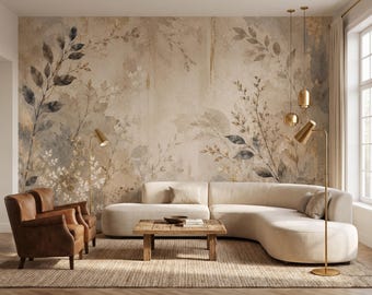 Neutral Botanical Wallpaper, Vintage Floral Wall Mural, Beige Nature Themed Wall Art, Peel and Stick Living Room Wall Decor