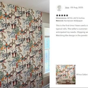 May include: Nonwoven wallpaper featuring a repeating pattern of safari animals including cows, deer, and birds interspersed with palm trees in shades of green, orange, and black on a cream background, measuring 96 inches wide by 60 inches high.