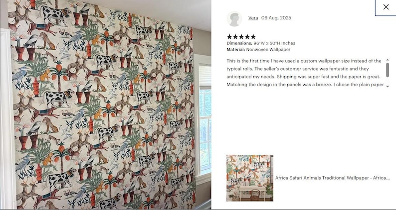 May include: Nonwoven wallpaper featuring a repeating pattern of safari animals including cows, deer, and birds interspersed with palm trees in shades of green, orange, and black on a cream background, measuring 96 inches wide by 60 inches high.