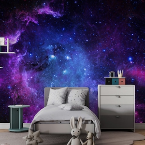 GALAXY WALLPAPER For KIDS, Pretty Dark Wallpaper, Nursery Room Decor, Adhesive Dark Fone Galaxies Wallpaper, Removable Mural, Customizable