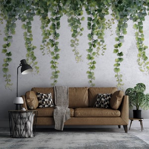 Vines Hanging From Wall Wallpaper - Green Realistic Vines Wallpaper - Ivy Leaves Wallpaper - Green Plant Wall Mural - Hanging Ivy Wallpaper