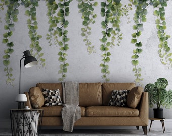Vines Hanging From Wall Wallpaper - Green Realistic Vines Wallpaper - Ivy Leaves Wallpaper - Green Plant Wall Mural - Hanging Ivy Wallpaper
