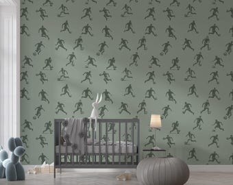 Soccer Player Silhouette Wallpaper – Sports Theme Wall Mural for Boys Room or Nursery, Minimalist Green Football Wallpaper