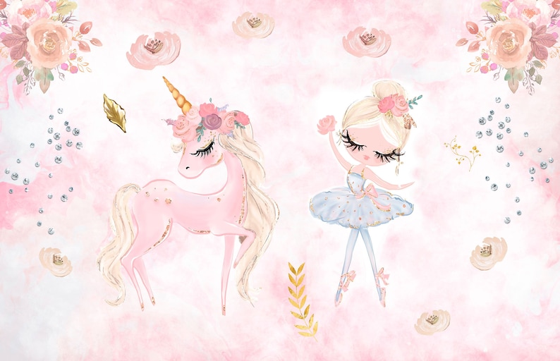 Unicorn and Ballerina Wall Mural Floral Nursery Girls Room - Etsy