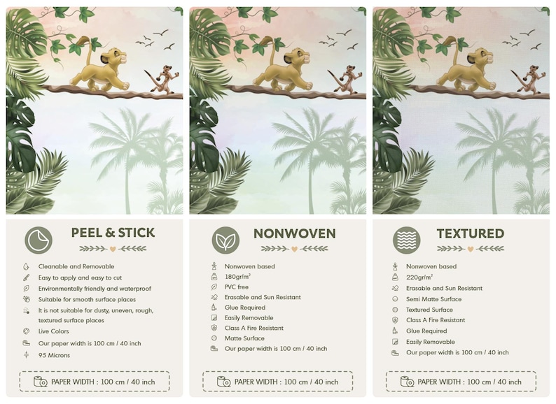 May include: A wall mural featuring a cartoon lion cub and meerkat walking on a branch amidst tropical foliage and palm trees. The image displays three material options: peel and stick, nonwoven, and textured, each with a width of 100 cm.