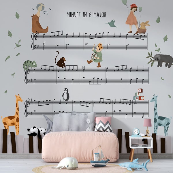 MUSIC NOTAS WALLPAPER, Notas musicales adhesivas con mural de animales, Decoración de la habitación de la guardería, Papel pintado de estilos y diseños, pegatinas, Peel and Stick