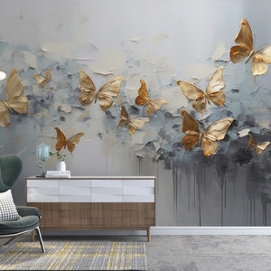 Carta da parati con farfalle dorate - Carta da parati in stile artistico - Carta da parati con pittura a olio con farfalle volanti - Carta da parati staccabile e adesiva Carta da parati con farfalle 3D