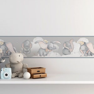 Dumbo und Wolken Wandbordüre für Kinder, Dumbo Bordüre zum Aufkleben, Kinderzimmer Dekoration, Abnehmbarer Cartoon Bordüre für die Kinderwand