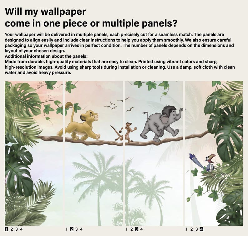 May include: A four-panel wallpaper mural featuring a jungle scene with a lion cub, a meerkat, and an elephant calf walking on a branch. The text reads: Will my wallpaper come in one piece or multiple panels? It includes installation instructions.