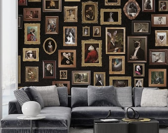 Quirky Victorian Animals in Frames Wallpaper | Vintage Animal Portrait Gallery Wallpaper | Self-Adhesive Wall Mural | Luxury Home Accent