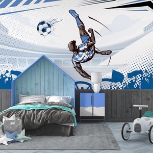 Papel de parede com design de futebol para quarto de crianças - Mural de design de futebol azul para quarto de meninos - Papel de parede com tema esportivo