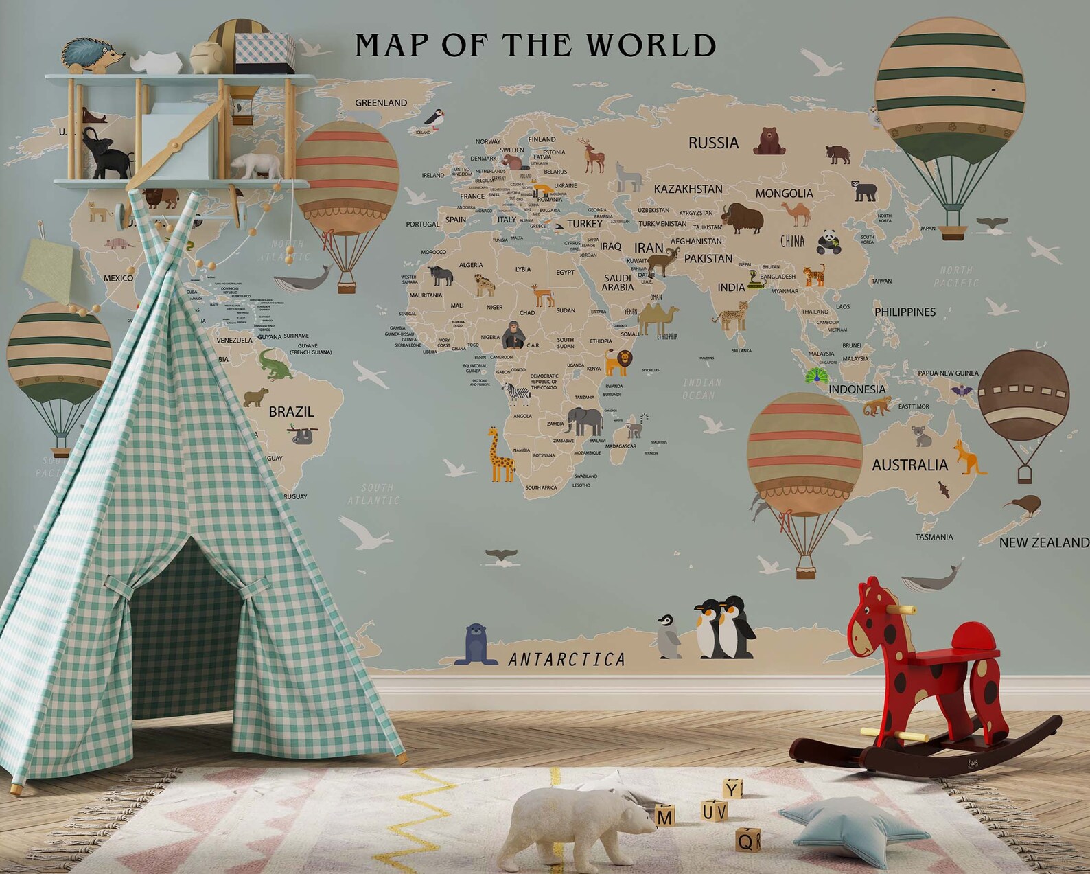 World Map for Nursery Room Wallpaper Educational Map Etsy