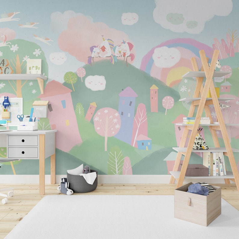 Pastel Color Unicorns Wallpaper for Kids Room Wonderland - Etsy