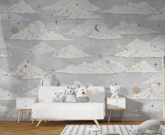 Clouds Baby Room Wallpaper , Light Blue Sky Themed Wall Mural , Baby Blue Peel and Stick Nursery Wallpaper